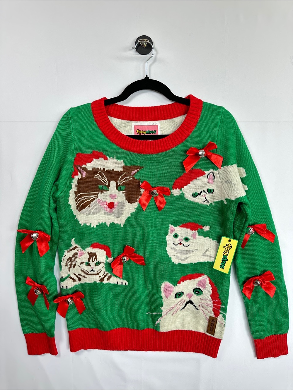 Tipsy Elves Ugly Christmas Cat Sweater Bows Bells Size M NWT